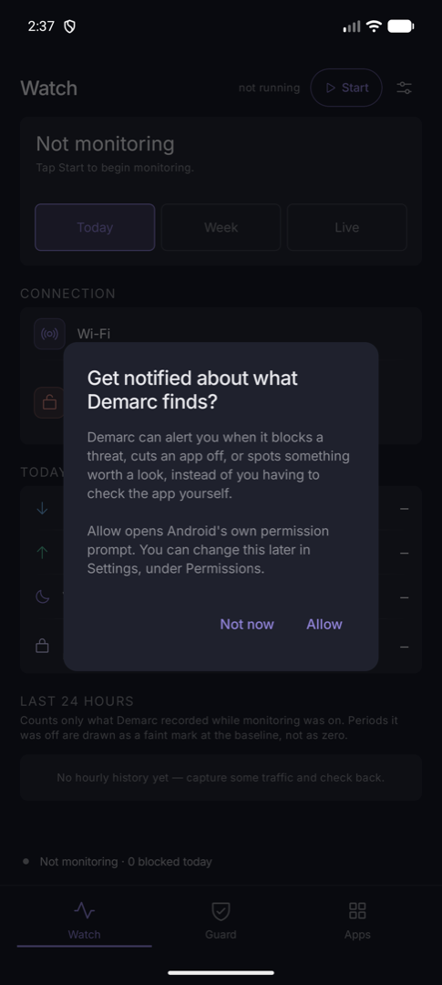 Dialog asking whether to allow notifications about what Demarc finds