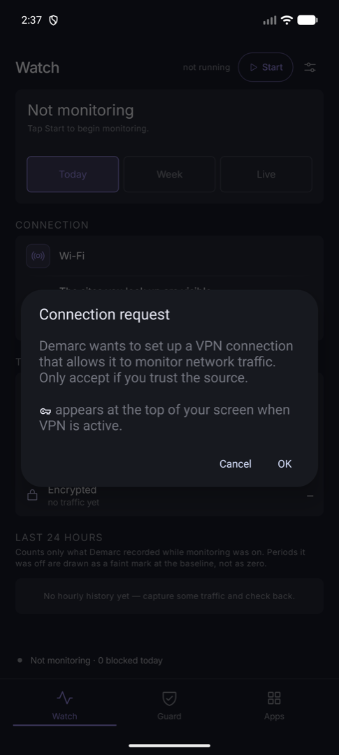 Android's Connection request dialog asking to allow Demarc to set up a VPN