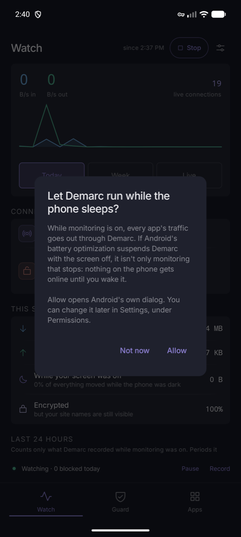 Watch tab showing live throughput, connection count and session totals
