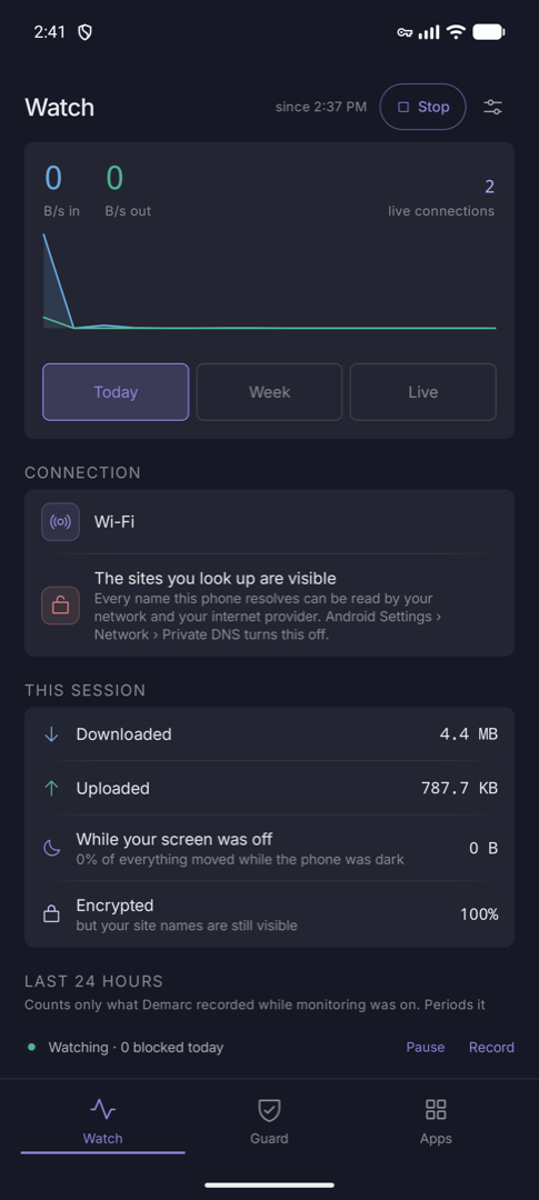 Live connections list with destinations, owning apps and byte counts