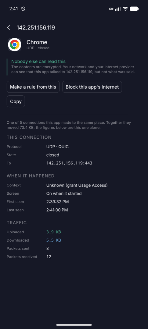 Connection detail showing protocol, destination, encryption status and actions