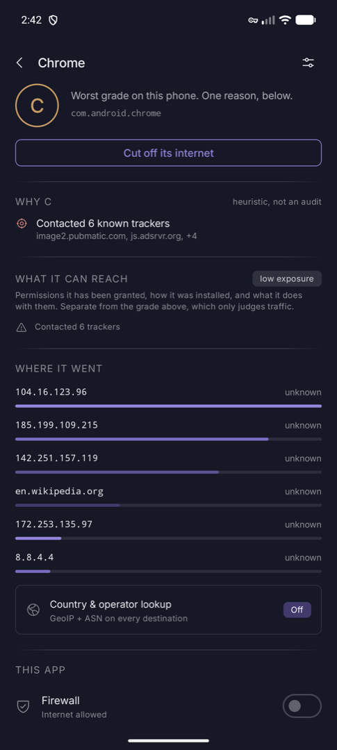 Per-app detail showing risk assessment, connections and controls