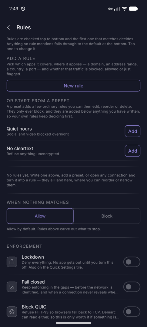Rules screen showing presets and the ordered rule list