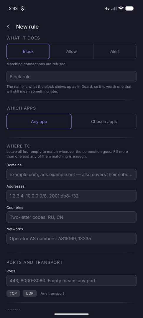 Rule editor showing action, app scope and destination fields