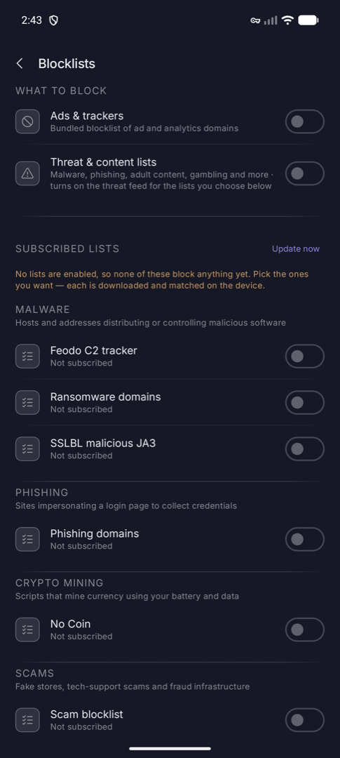 Blocklists screen with categories and per-list toggles