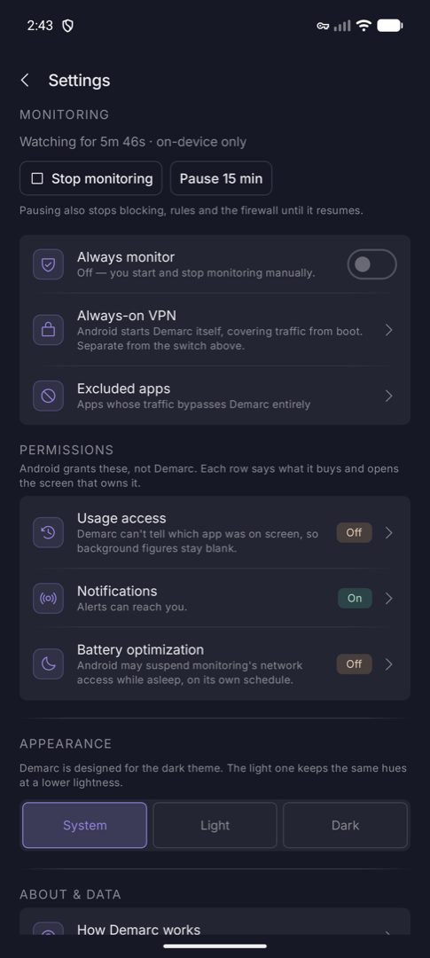 Settings screen showing About and data with stored data, credits and disclaimer