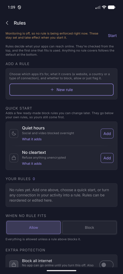 Rules screen with no rules yet, showing New rule and quick start presets