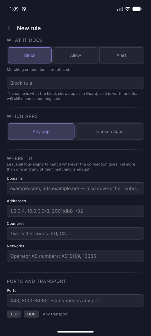 New rule form showing Block, Allow and Alert, a name field and the app scope choice