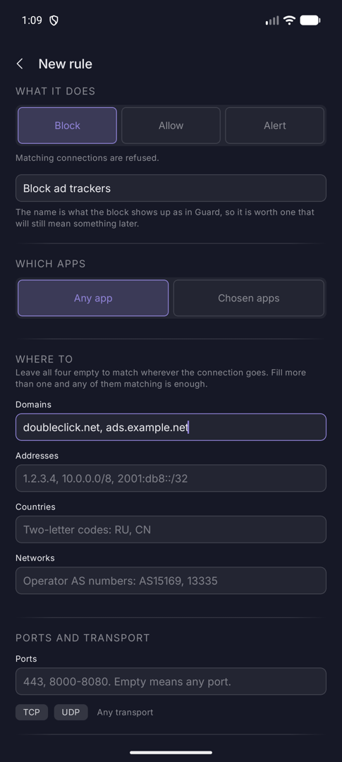 New rule form with the name Block ad trackers and two domains entered