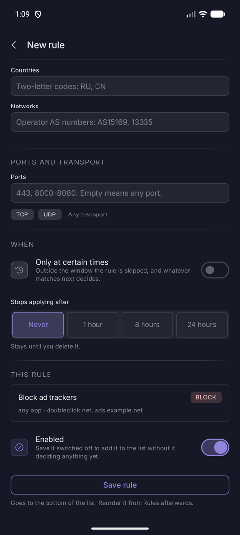 Bottom of the rule form with the schedule options, the rule summary and the Save rule button