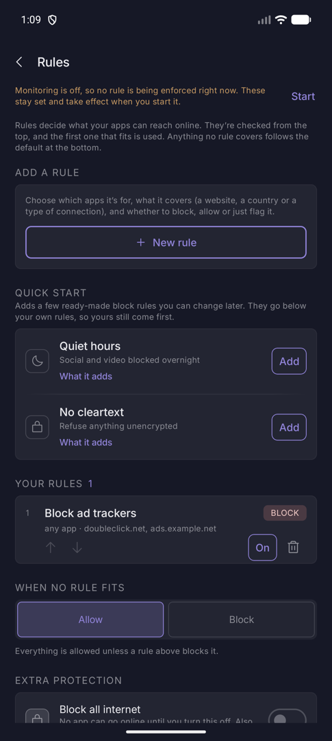 Rules list showing one Block rule, Block ad trackers