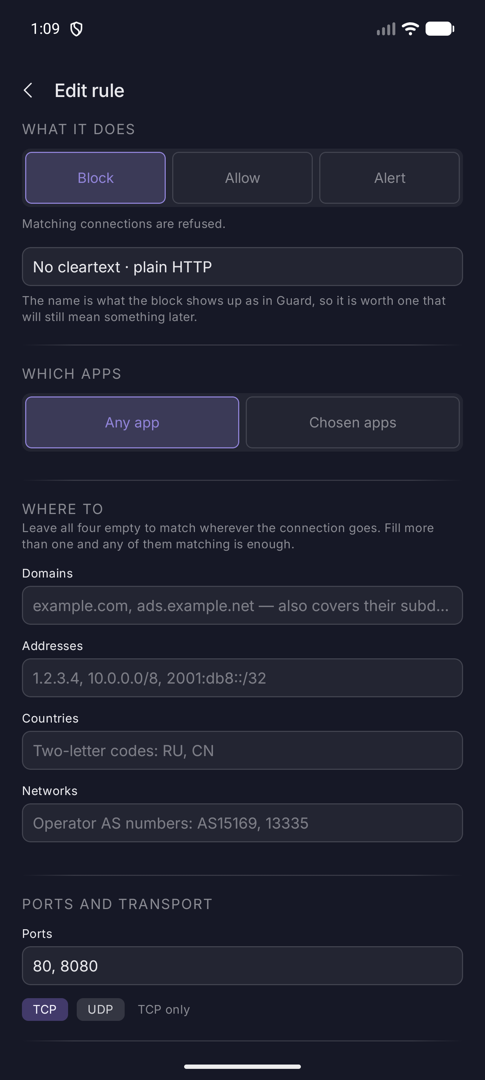 Edit rule screen showing the plain HTTP rule with ports 80 and 8080