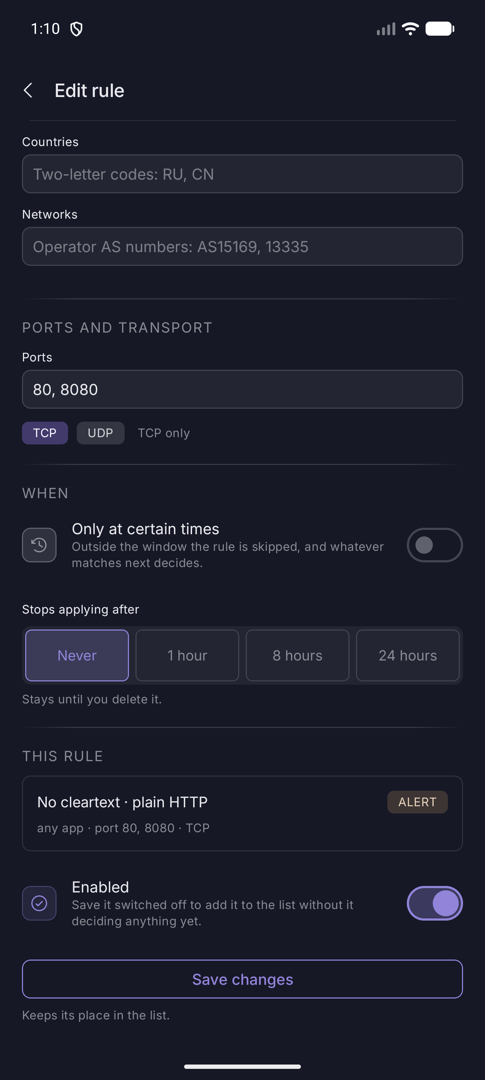 Bottom of the edit form showing the rule summary with an Alert tag and the Save changes button