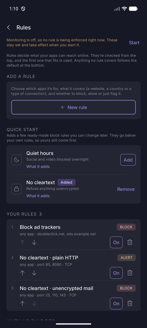 Rules list showing the plain HTTP rule now tagged Alert