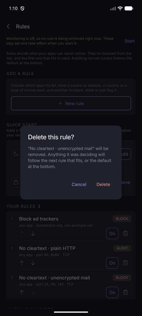 Delete this rule dialog naming the rule and explaining what happens to its connections