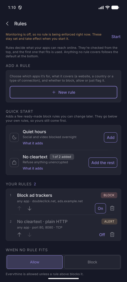 Rules list after deleting the mail rule, with the remaining plain HTTP rule switched off