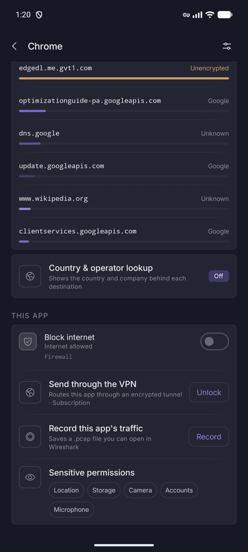 Lower half of the app detail with the Block internet toggle, VPN row and Record button