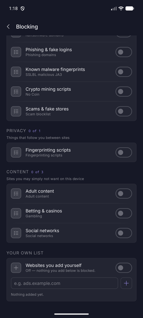 Bottom of the Blocking screen with Privacy, Content and Your own list sections