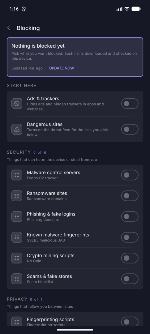 Blocking screen with Ads and trackers and Dangerous sites switches, and the Security list group