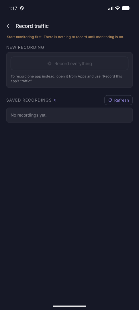Record traffic screen with Record everything and an empty Saved recordings list