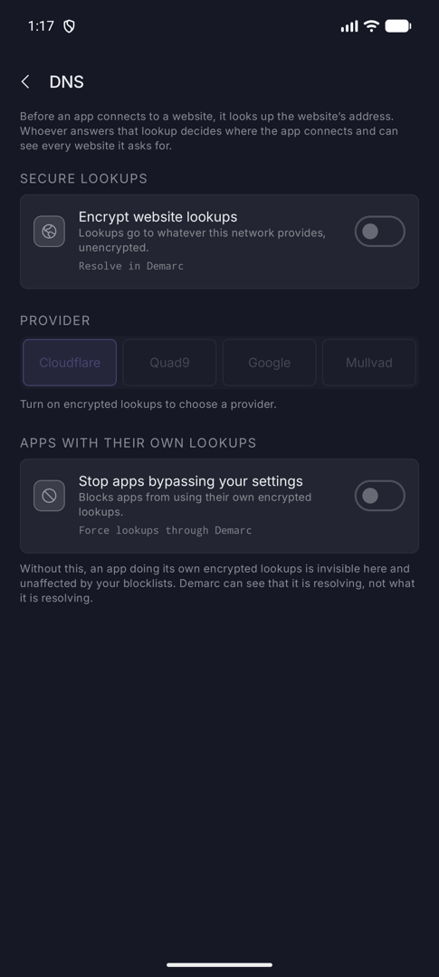 DNS screen with Encrypt website lookups, four provider choices and Stop apps bypassing your settings