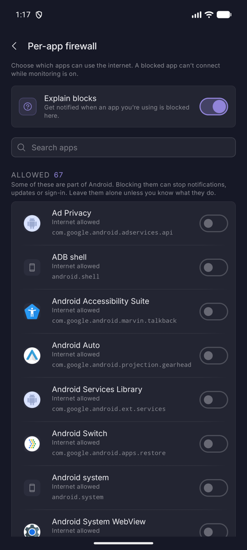 Per-app firewall screen with the Explain blocks switch and a list of apps with switches