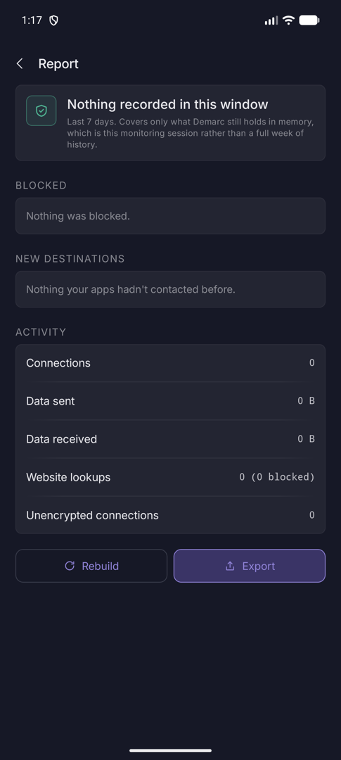 Report screen with a headline, blocked and new destination sections and activity totals