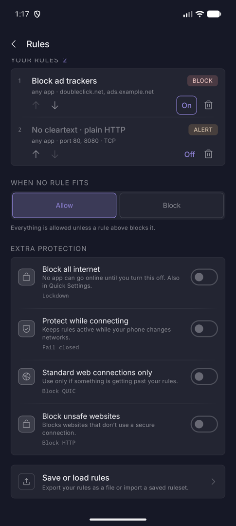 Rules screen showing two rules, the When no rule fits default and the Extra protection switches