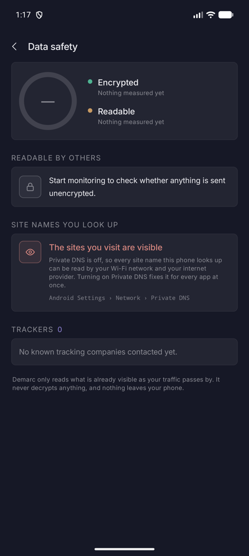 Data safety screen with an encrypted versus readable ring, DNS verdict and trackers