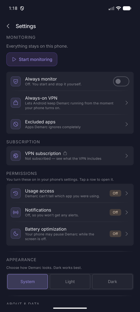 Settings screen with Monitoring, Subscription, Permissions and Appearance