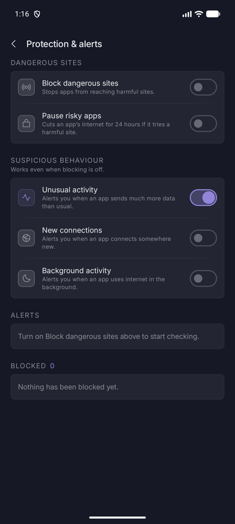 Protection and alerts screen with dangerous-sites and suspicious-behaviour switches