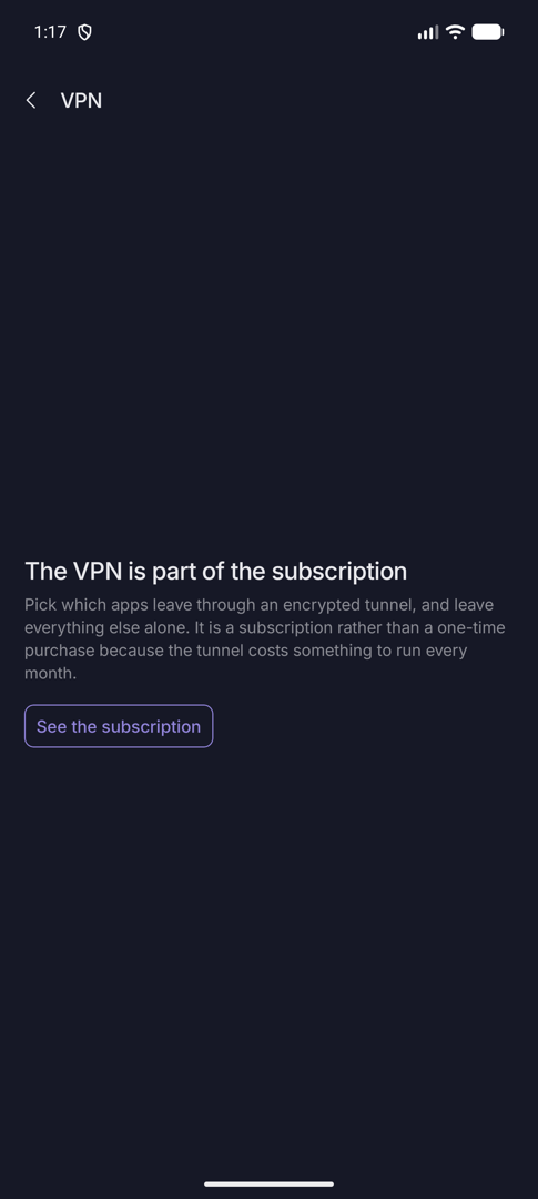 VPN screen explaining the VPN is part of the subscription, with See the subscription button