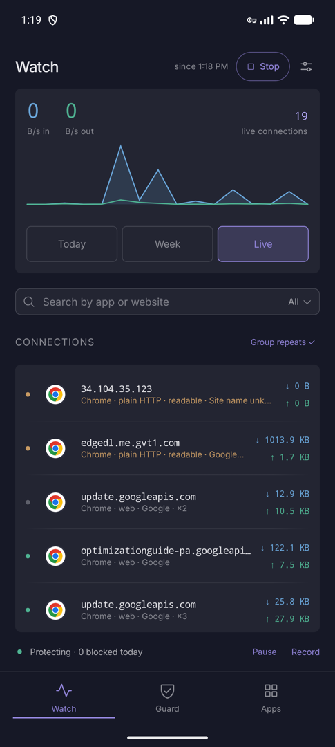 Live connections list showing Chrome connections with protocol tags and bytes