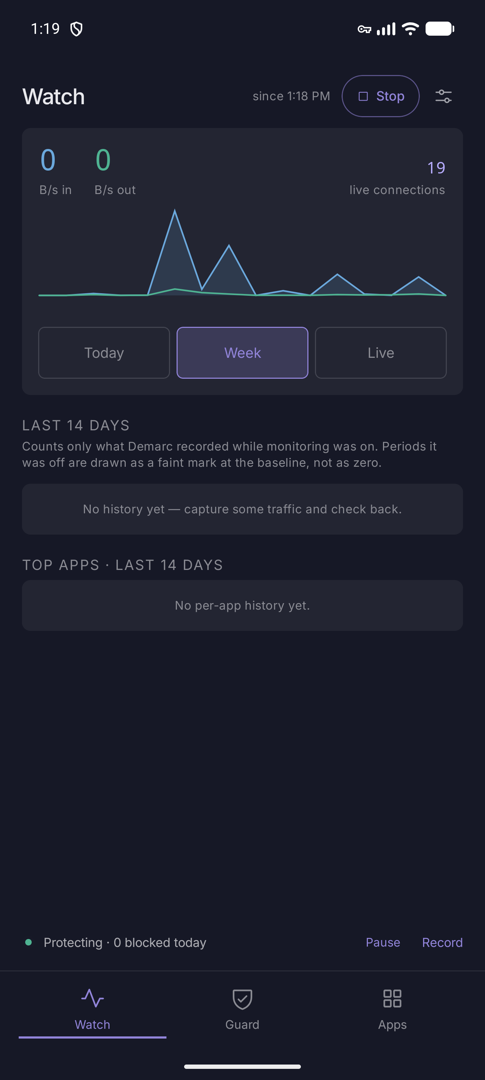 Watch tab Week view with last 14 days and top apps, empty before any history